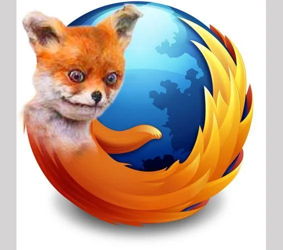 Foxes — Firefox browser logo with the Stoned Fox taxidermy meme face edited onto it.