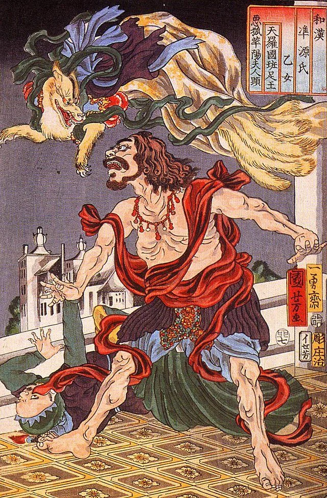 Foxes — Ukiyo-e woodblock print of a nine-tailed fox spirit attacking a man.