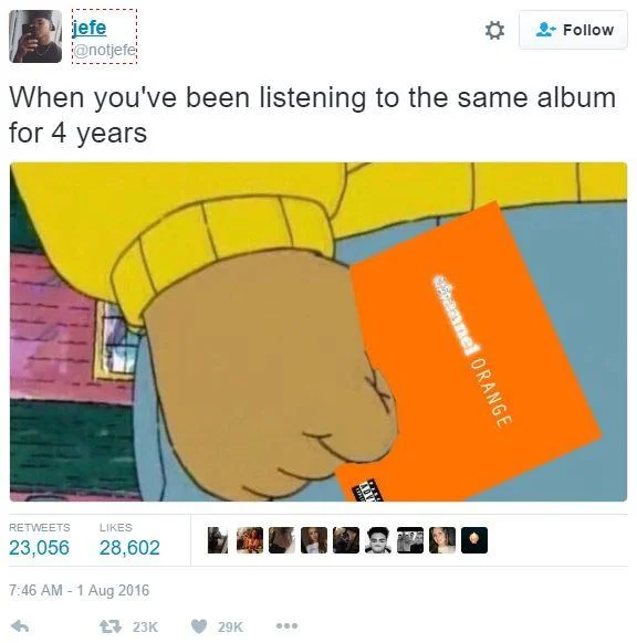 Frank Ocean — Tweet with Arthur fist meme gripping Channel Orange album, about listening to it for four years