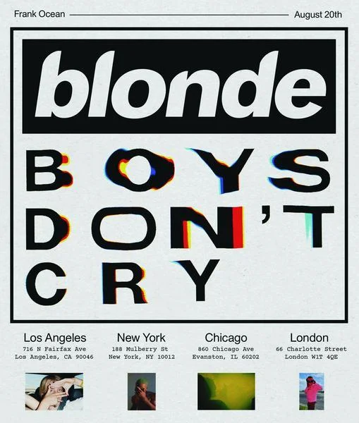 Frank Ocean — Blonde and Boys Don't Cry pop-up shop poster with four city addresses