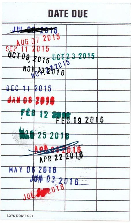 Frank Ocean — Library-style Date Due card stamped with many overdue dates, labeled 'Boys Don't Cry'