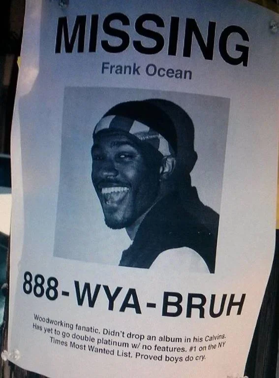 Missing poster joke about Frank Ocean labeled 888-WYA-BRUH