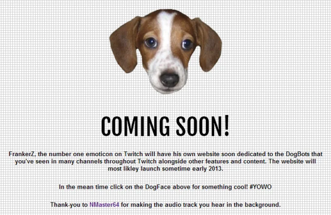 FrankerZ fan website coming soon page featuring the dog face and launch announcement