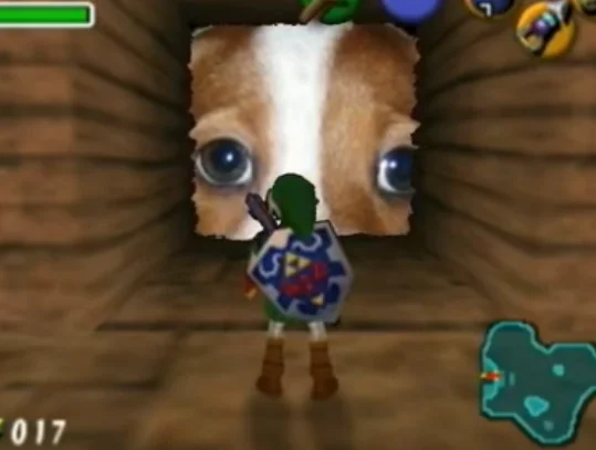 Zelda Ocarina of Time screenshot showing Link facing a giant FrankerZ dog head