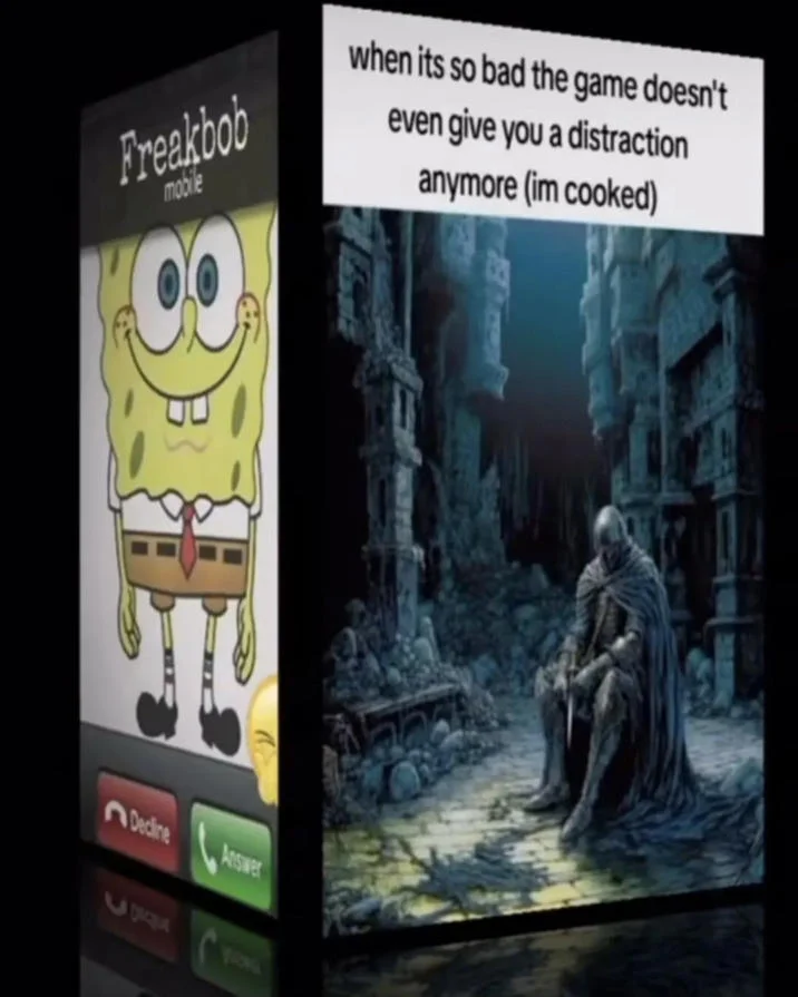 Freakbob Freakybob — Freakbob in phone frame paired with dark fantasy gaming scene.