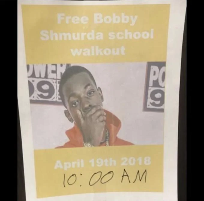 Yellow flyer advertising a Free Bobby Shmurda school walkout on April 19th, 2018