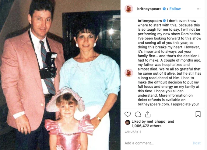 Freebritney — Instagram screenshot of Britney Spears announcing cancellation of Domination show with childhood family photo