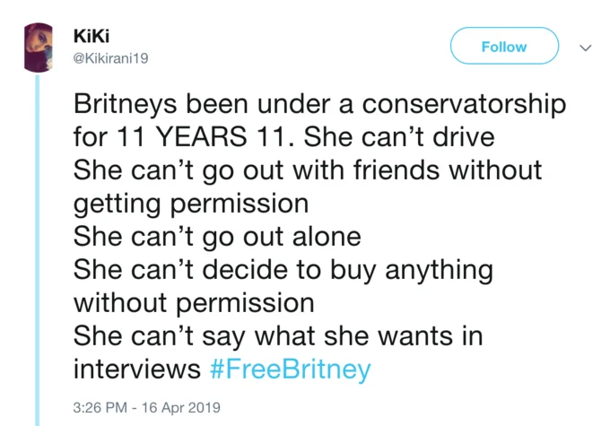 Tweet listing Britney Spears' conservatorship restrictions ending with hashtag FreeBritney