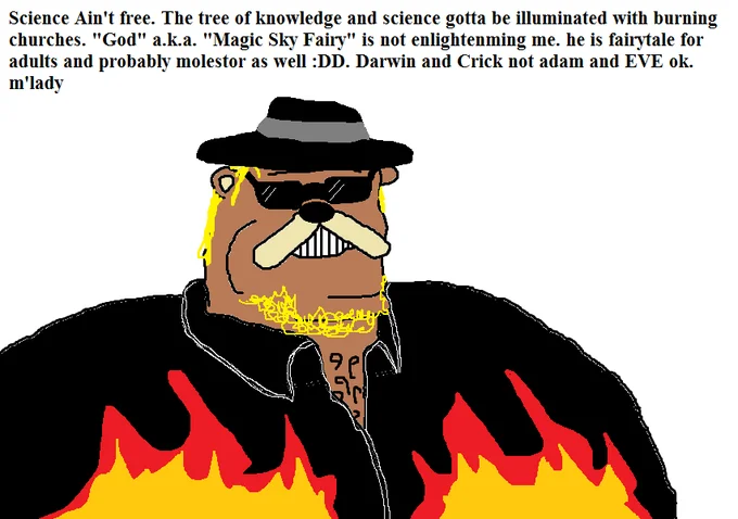 Freedom Ain't Free meme variant depicting a stereotypical atheist fedora wearer with anti-religion text