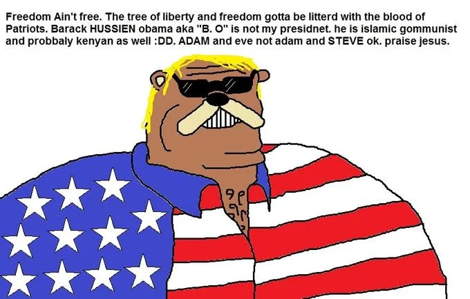 Freedom Ain't Free meme with patriotic American caricature and anti-Obama rant text