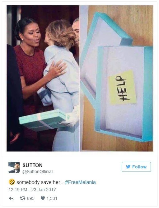 Freemelania — Tweet meme of Melania Trump handing Michelle Obama a Tiffany box containing a HELP note