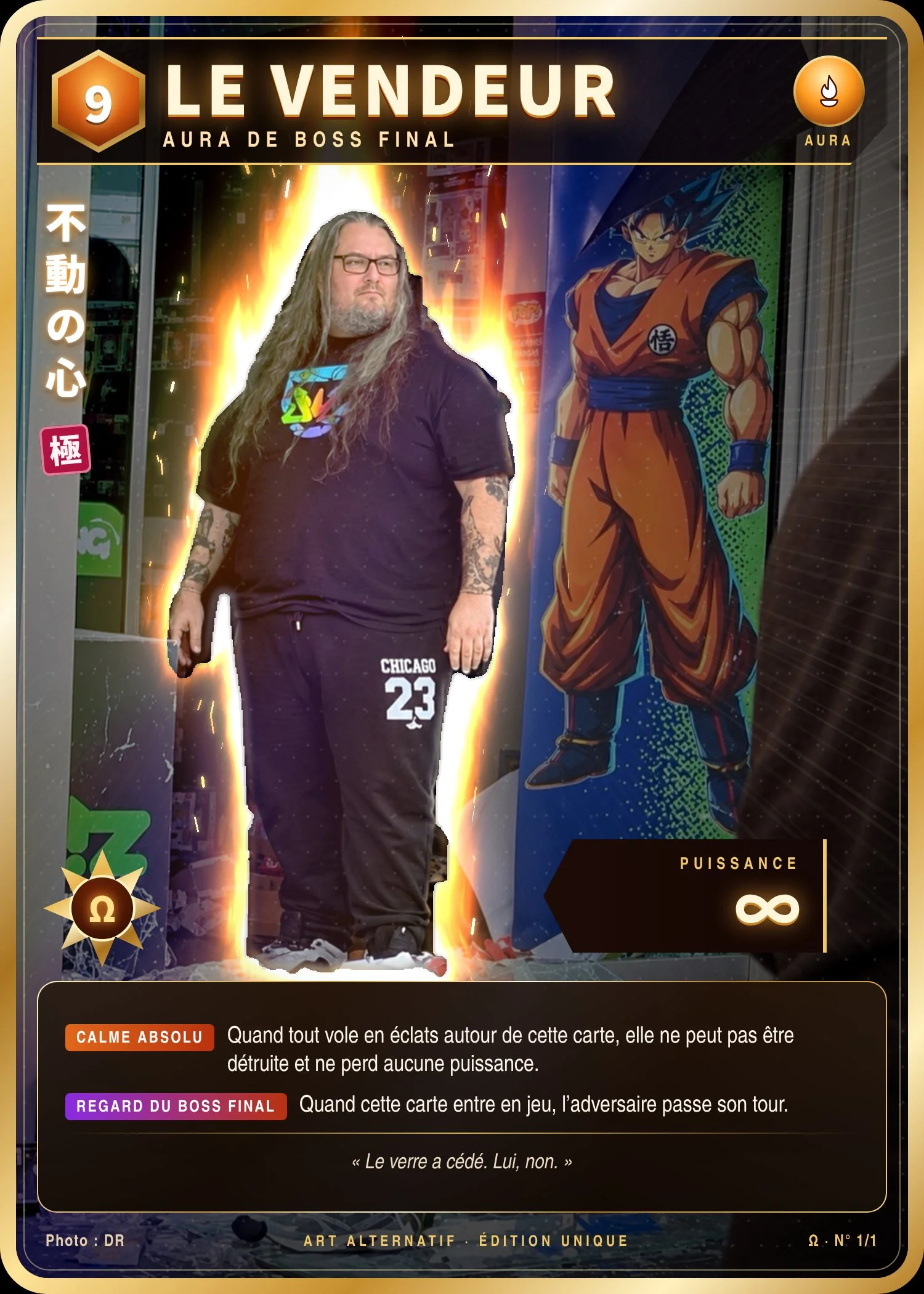 French Goku Hero trading card: long-haired bearded man with flame aura stands beside a Goku cardboard standee.