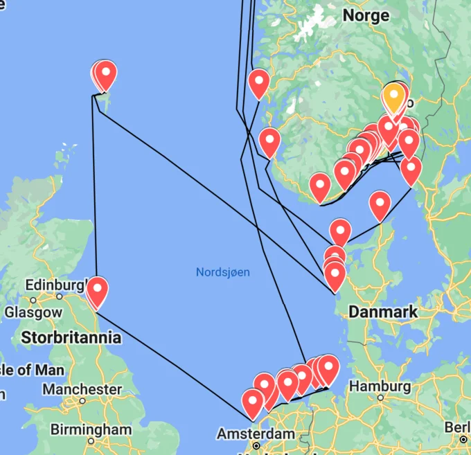 Map of Freya the walrus travel route across the North Sea with pins in Norway, Denmark, UK and Netherlands