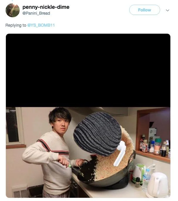 Fried Rice Prank — Fried rice wave photoshopped into a giant AirPod earbud
