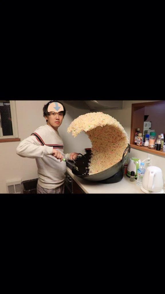 Fried Rice Prank — Fried rice photo edited with Avatar Aang's arrow tattoo on the man's forehead