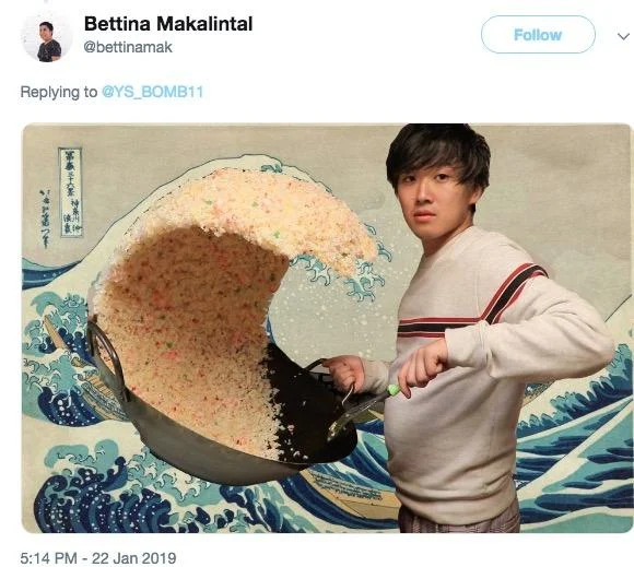 Fried Rice Prank — Man with fried rice wok composited in front of Hokusai's Great Wave painting