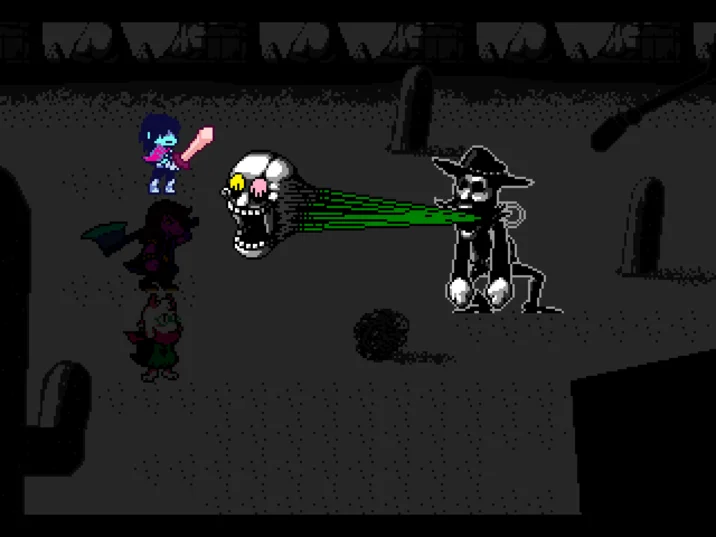 Friend Inside Me — Deltarune-style Woody enemy firing a giant screaming skull attack at the party.