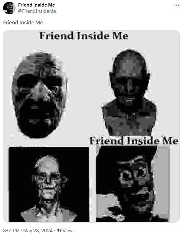 Collage of four distorted humanoid Friend Inside Me variant faces posted on Twitter.