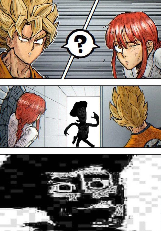 Chainsaw Man and Dragon Ball crossover comic ending on the Friend Inside Me cursed face.