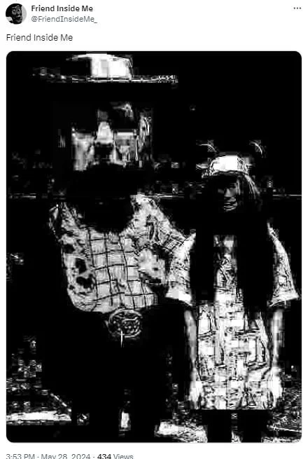 Glitched black-and-white Toy Story characters in Friend Inside Me style.