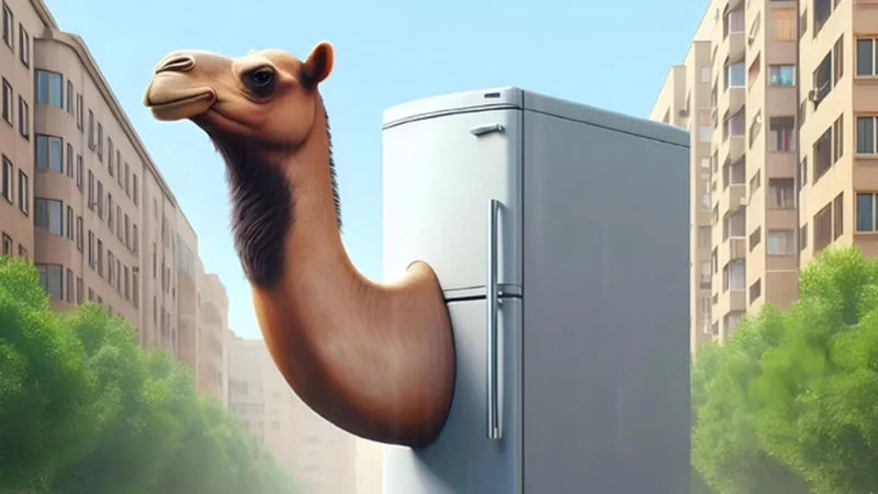 Frigo Camelo — AI-generated illustration of a brown camel with a silver refrigerator as its body in an urban street setting.
