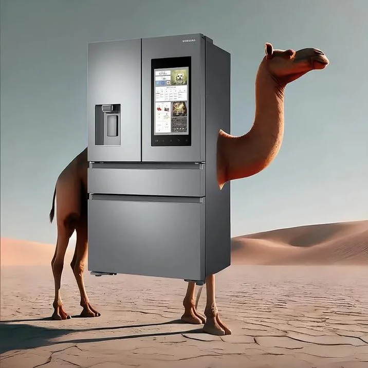 Frigo Camelo — AI-generated artwork of a tan camel with a Samsung refrigerator as its body standing in a desert landscape.