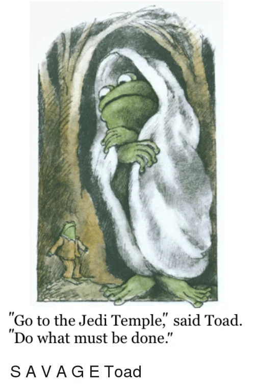 Frog and Toad at table with cookies, caption 'We must stop eating cried Toad as he ate another'