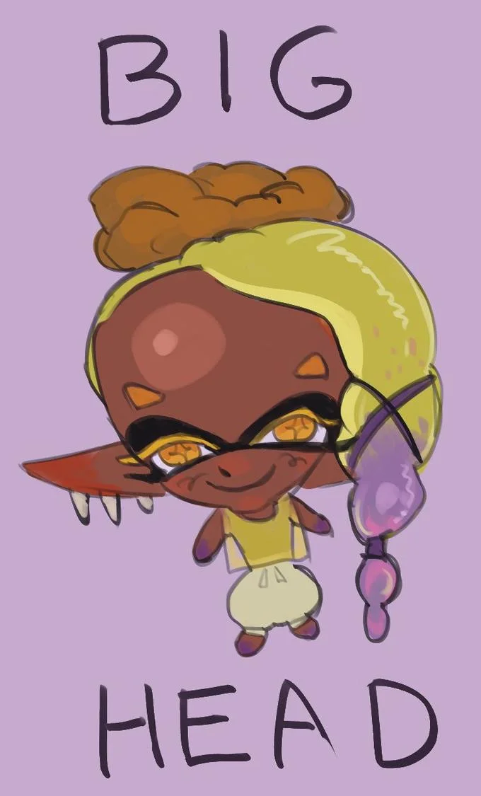 Frye (Splatoon Character) — Chibi fan art of Frye with exaggerated large head labeled BIG HEAD