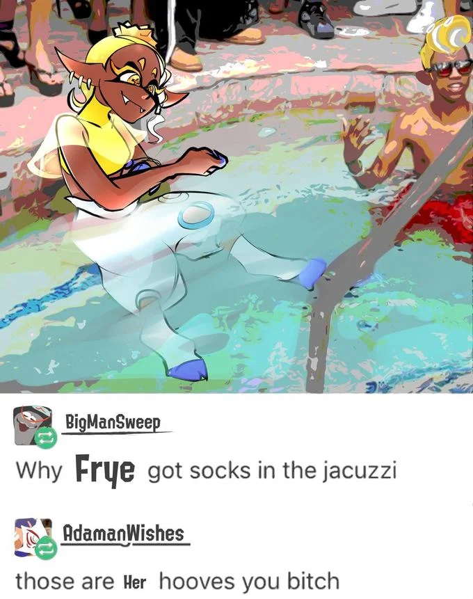 Frye (Splatoon Character) — Fan art of Frye in water with Tumblr comment joke about her hooves