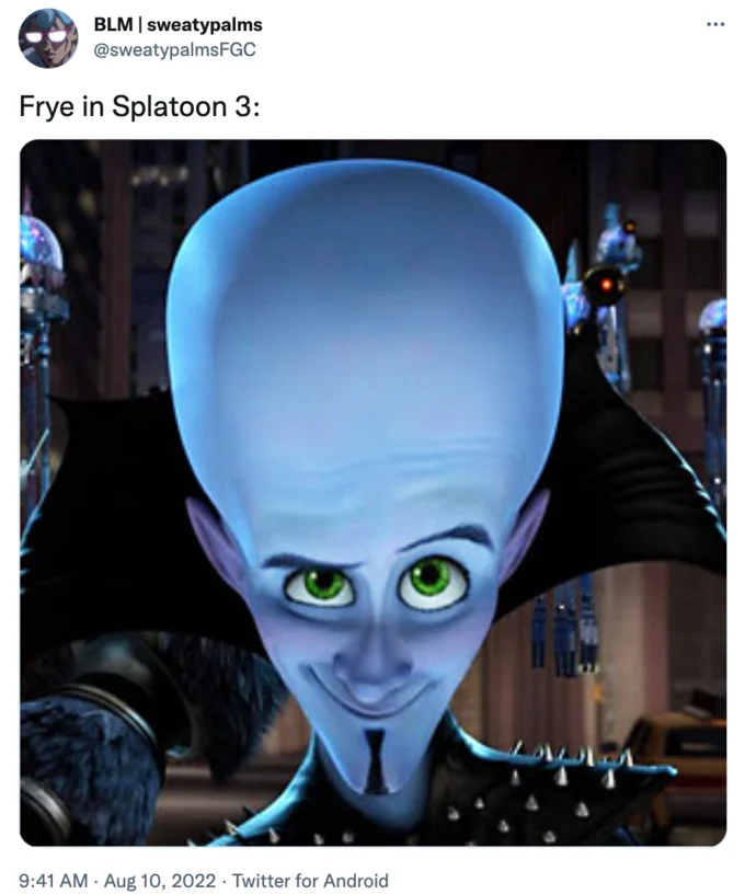 Frye (Splatoon Character) — Tweet comparing Frye to Megamind with the caption Frye in Splatoon 3