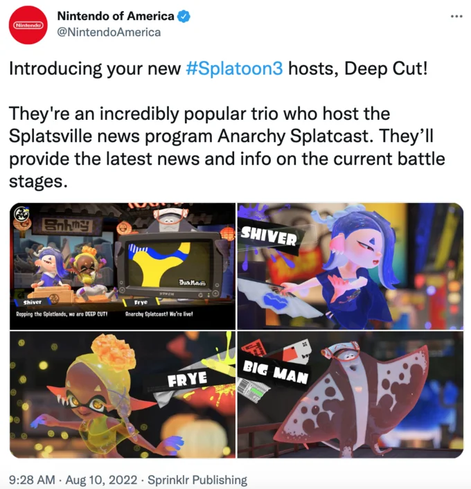 Frye (Splatoon Character) — Nintendo of America tweet introducing the Splatoon 3 Deep Cut trio: Shiver, Frye, and Big Man