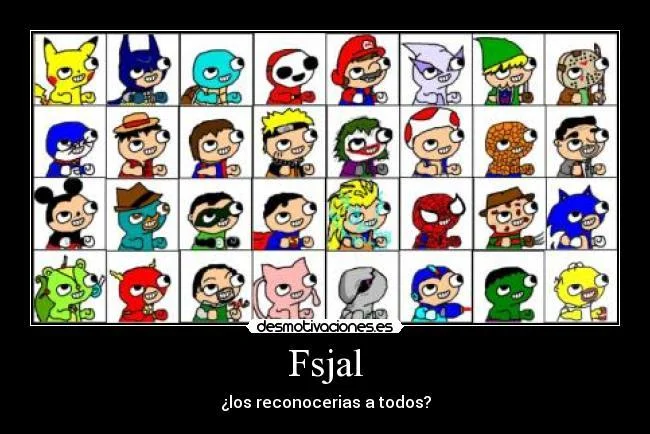 A colorful grid showcasing 32 different color variations of the Fsjal character with its signature wide-eyed expression and stick-figure styling.