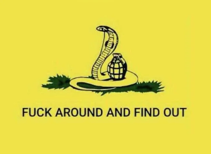Gadsden-style yellow flag with cobra and grenade and 'Fuck Around and Find Out' caption