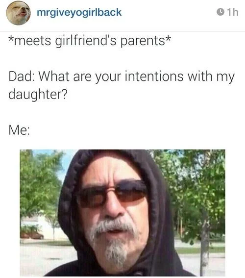 Fuck Her Right In The Pussy Fhritp — Social media meme using the FHRITP hooded man image as a reaction to meeting girlfriend's parents