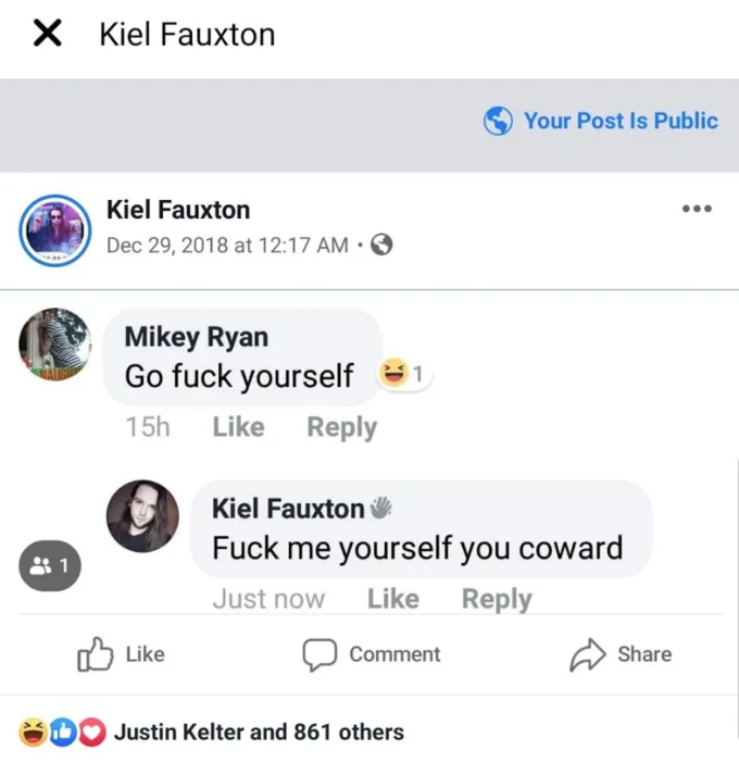 Facebook comment screenshot with reply Fuck me yourself you coward