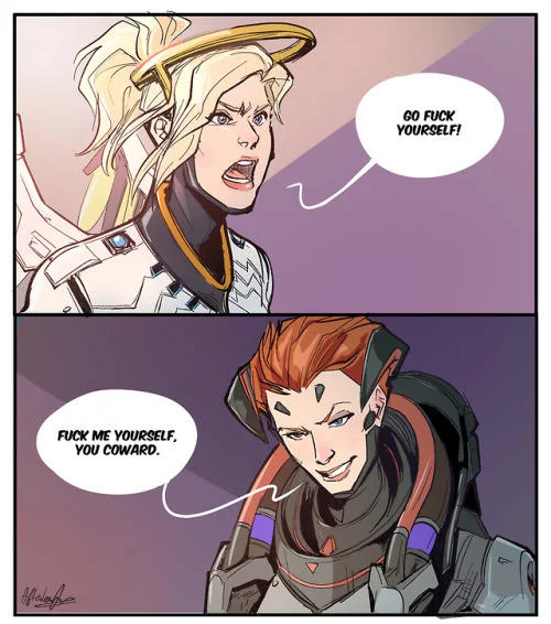Two-panel Overwatch comic with Mercy yelling at Moira who replies fuck me yourself you coward
