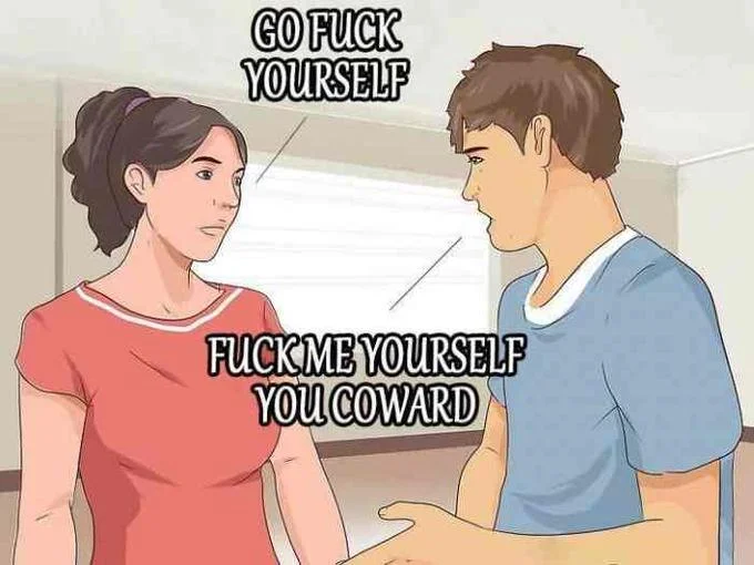 WikiHow style illustration of couple arguing with fuck me yourself you coward caption