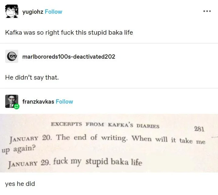 Tumblr thread debating whether Kafka wrote 'fuck my stupid baka life' with the diary excerpt image