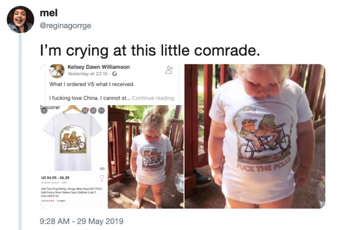 Facebook post screenshot showing a child's Frog and Toad t-shirt misprinted with 'Fuck the Police'