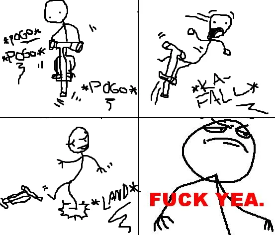 Pogo stick fall and recovery rage comic ending with Fuck Yea