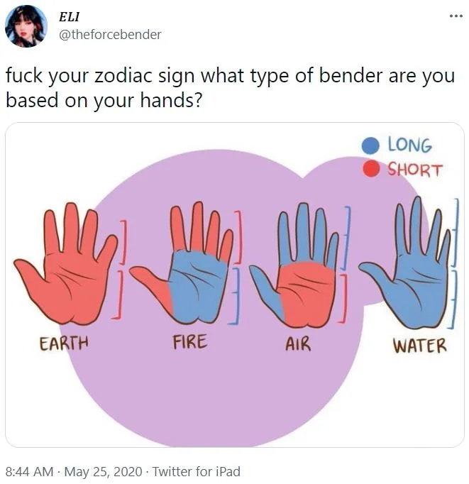 Fuck Your Zodiac Sign — Tweet with Avatar-inspired hand chart labeling Earth, Fire, Air, and Water benders
