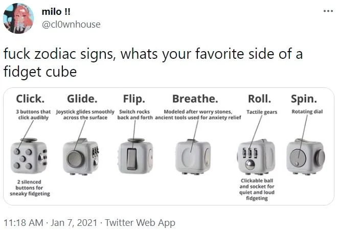 Fuck Your Zodiac Sign — Tweet asking about favorite fidget cube side with labeled diagram