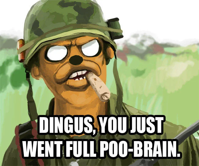 Cartoon dog-soldier parody of the full retard meme captioned 'Dingus, you just went full poo-brain'