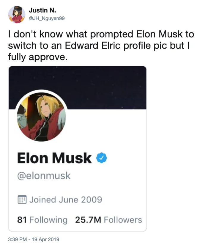 Fullmetal Alchemist — Elon Musk's Twitter profile with Edward Elric anime profile picture