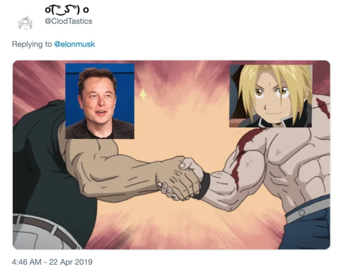 Fullmetal Alchemist — Elon Musk tweet reading Full Metal Alchemy referencing Tesla