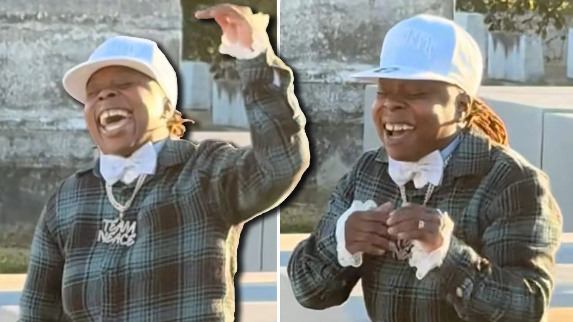 Funeral Stud 1 2 3 Release Em Lord I Got Some Things I Need To Say — Two stills of a woman in plaid jacket and white cap singing expressively at a cemetery.