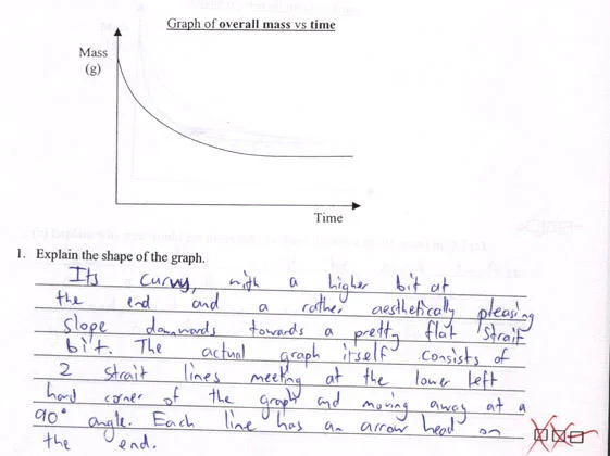 Funny Exam Answers — Exam question asking to explain the shape of a decay graph with a long handwritten answer describing it as 'aesthetically pleasing'