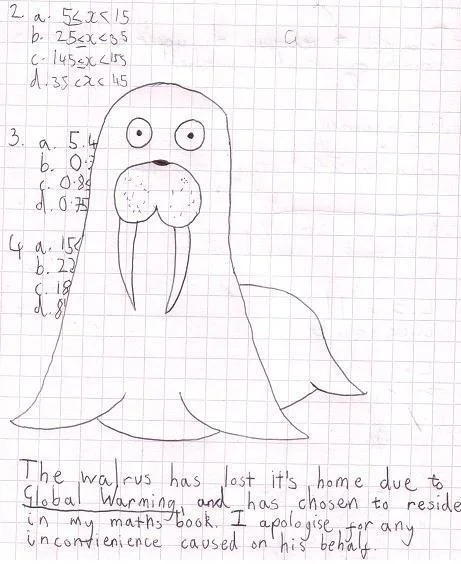 Funny Exam Answers — Math worksheet with a walrus drawn over the answers and an apology note about global warming