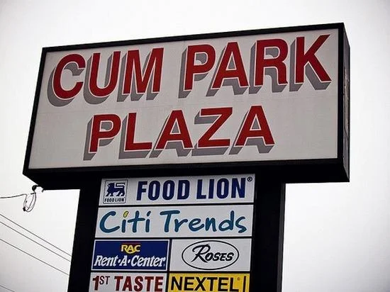Funny Store Signs — Roadside 'Cum Park Plaza' shopping center sign listing its tenants