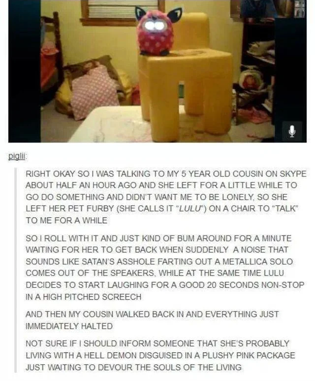 Tumblr text post about a Furby waking a child at night saying play with me